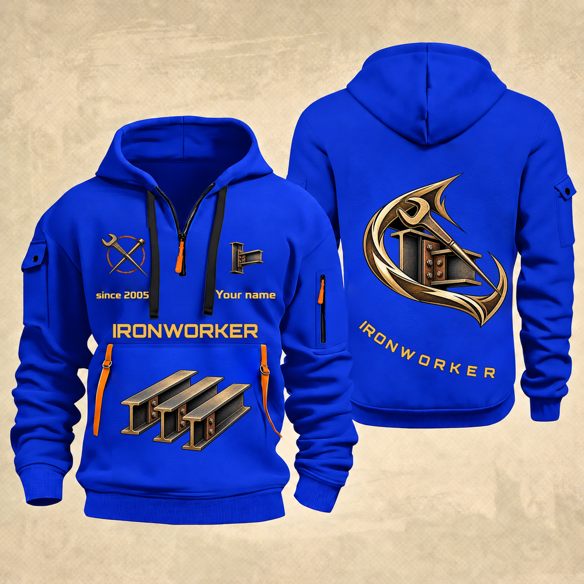 Ironworker Flow of Craft Quarter-Zip Hoodie in Blue, full authentic front and back views with matching ironworker tools and equipment artwork, original sample name/year and curved gold occupation lettering.