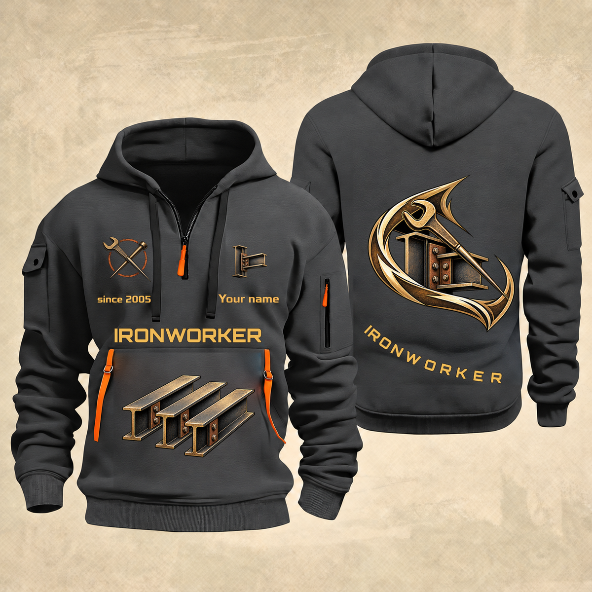 Ironworker Flow of Craft Quarter-Zip Hoodie in Gray, full authentic front and back views with matching ironworker tools and equipment artwork, original sample name/year and curved gold occupation lettering.