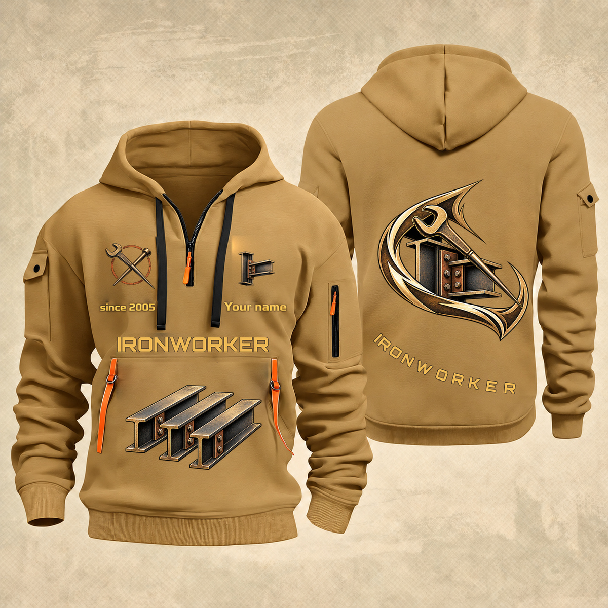 Ironworker Flow of Craft Quarter-Zip Hoodie in Khaki, full authentic front and back views with matching ironworker tools and equipment artwork, original sample name/year and curved gold occupation lettering.