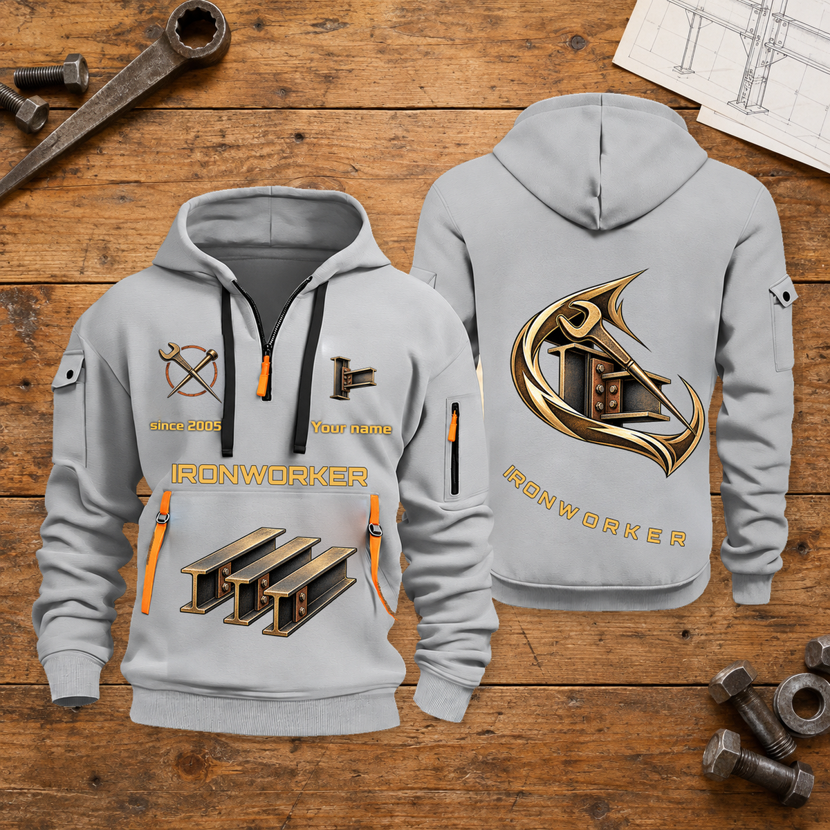 Ironworker Flow of Craft Quarter-Zip Hoodie in Light Grey, full authentic front and back views with matching ironworker tools and equipment artwork, original sample name/year and curved gold occupation lettering. On a ironworker workbench.