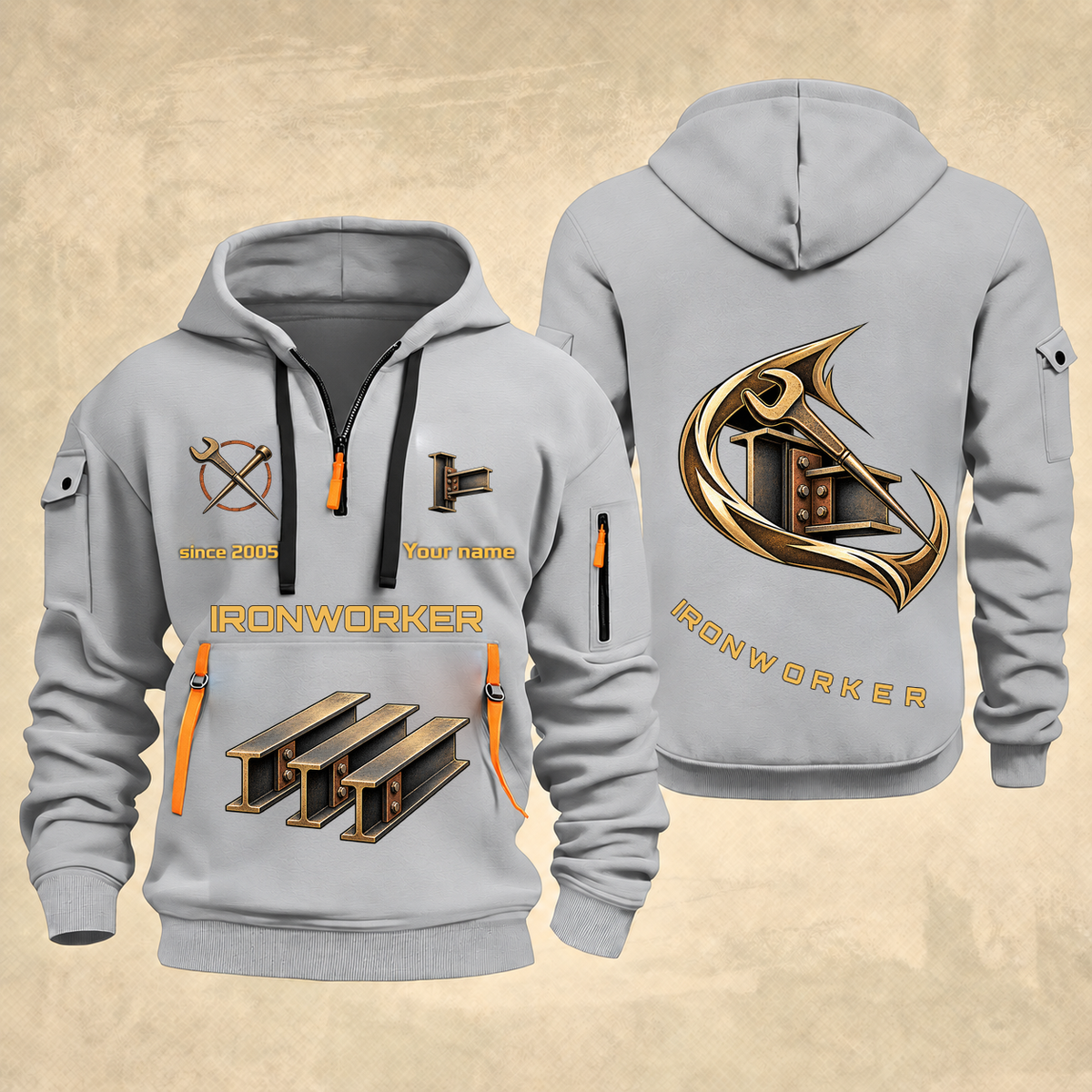 Ironworker Flow of Craft Quarter-Zip Hoodie in Light Grey, full authentic front and back views with matching ironworker tools and equipment artwork, original sample name/year and curved gold occupation lettering.