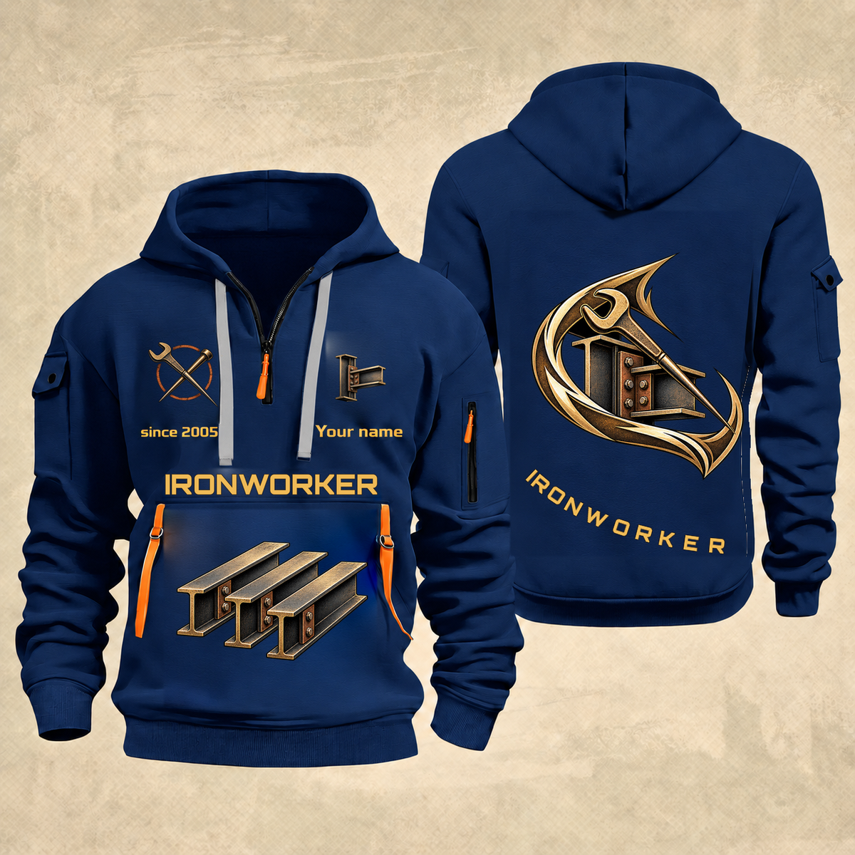 Ironworker Flow of Craft Quarter-Zip Hoodie in Navy, full authentic front and back views with matching ironworker tools and equipment artwork, original sample name/year and curved gold occupation lettering.