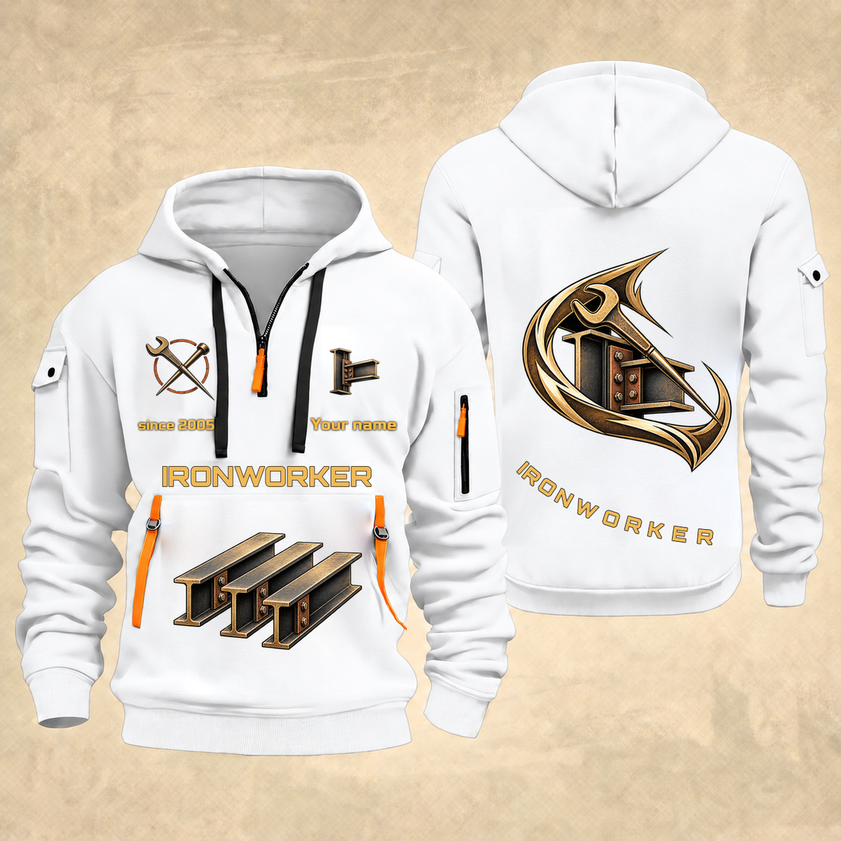 Ironworker Flow of Craft Quarter-Zip Hoodie in White, full authentic front and back views with matching ironworker tools and equipment artwork, original sample name/year and curved gold occupation lettering.