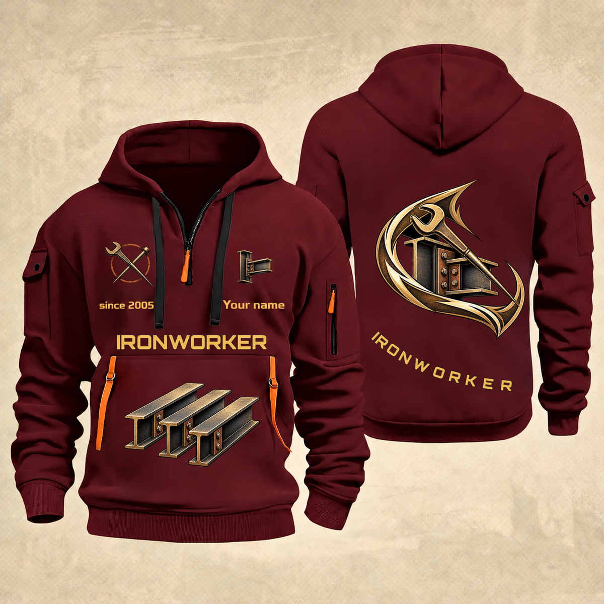 Ironworker Flow of Craft Quarter-Zip Hoodie in Wine Red, full authentic front and back views with matching ironworker tools and equipment artwork, original sample name/year and curved gold occupation lettering.