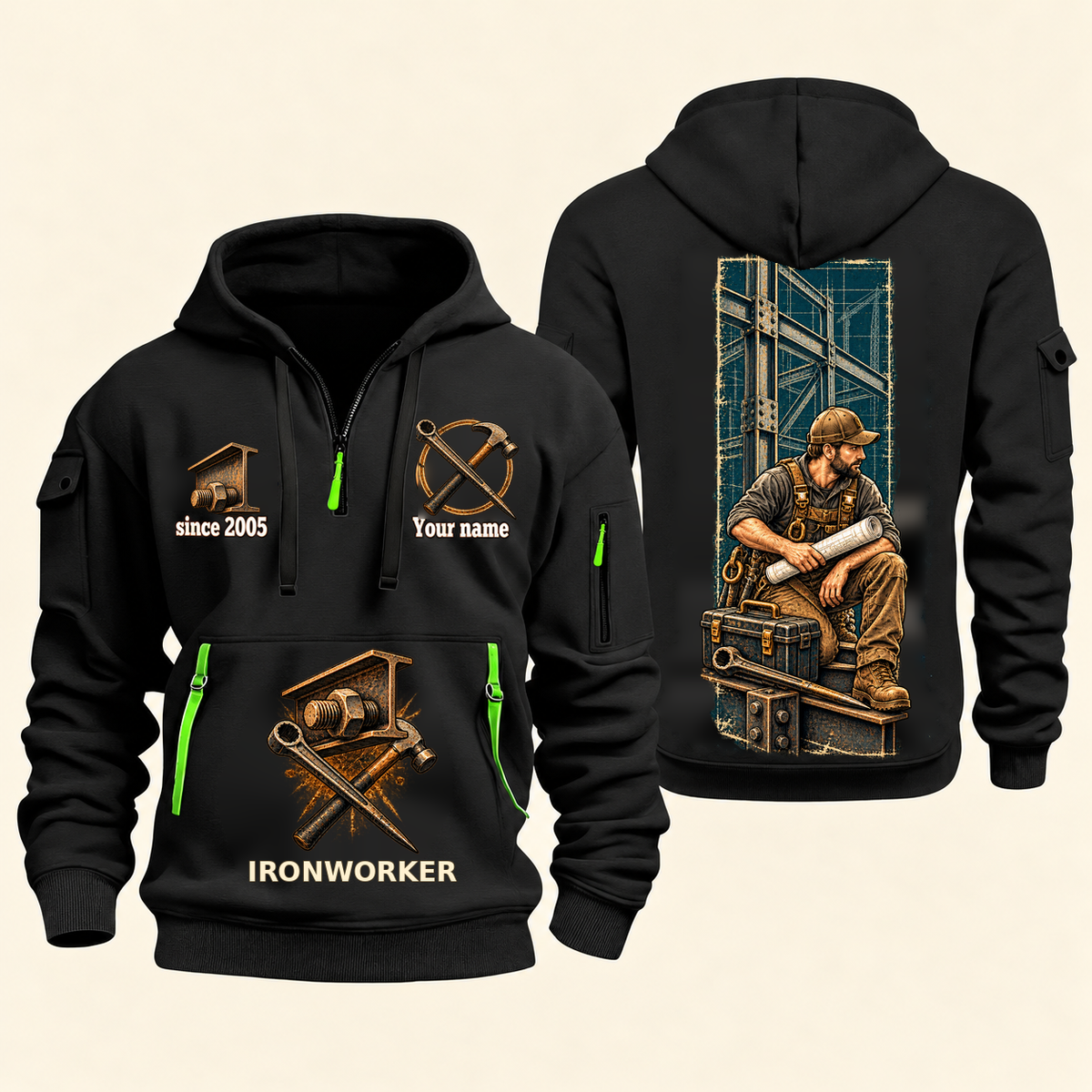 Ironworker Daily Groundwork Quarter-Zip Hoodie in Black, complete front and back views