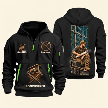 Ironworker Daily Groundwork Quarter-Zip Hoodie in Black, complete front and back views