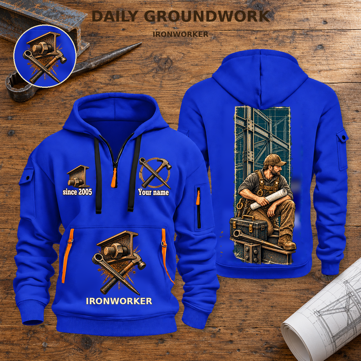 Ironworker Daily Groundwork Quarter-Zip Hoodie in Blue, complete original front/back pair with separate genuine front-pocket print detail