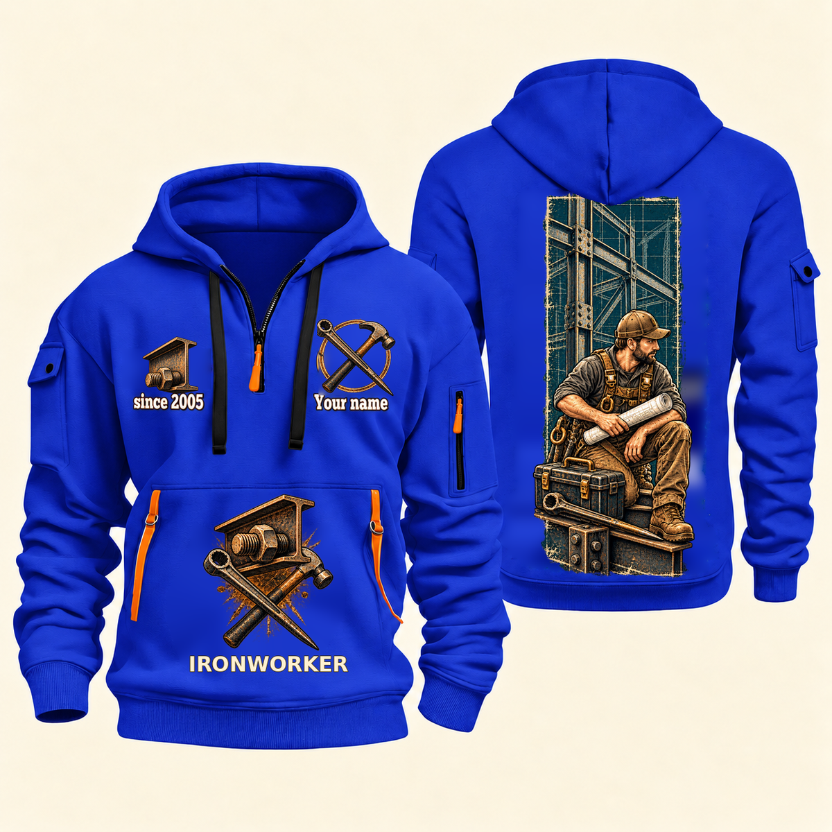 Ironworker Daily Groundwork Quarter-Zip Hoodie in Blue, complete front and back views
