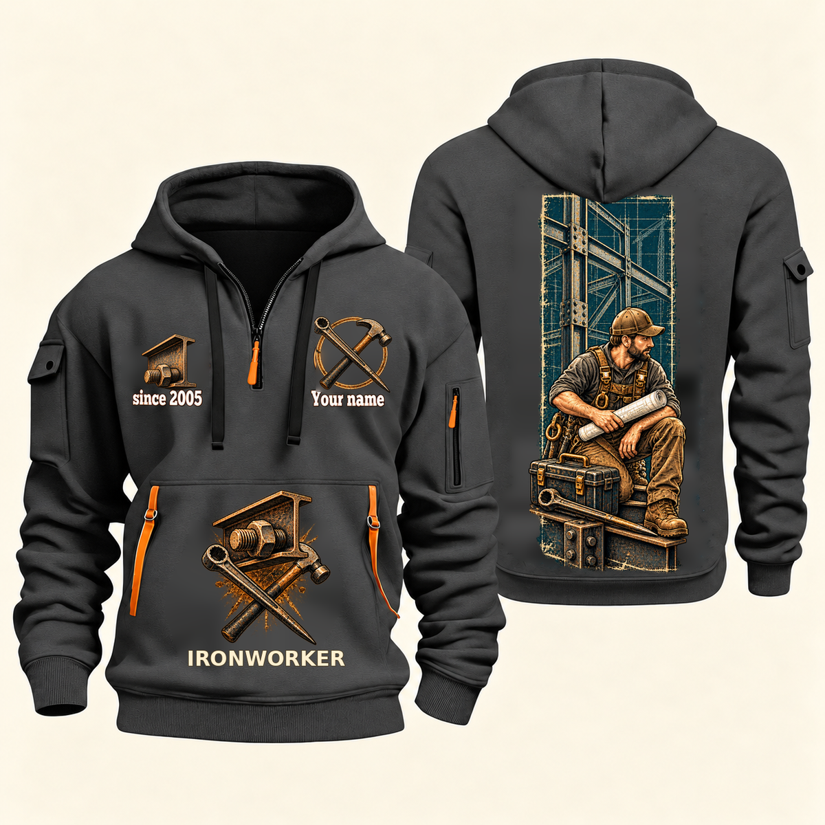 Ironworker Daily Groundwork Quarter-Zip Hoodie in Gray, complete front and back views