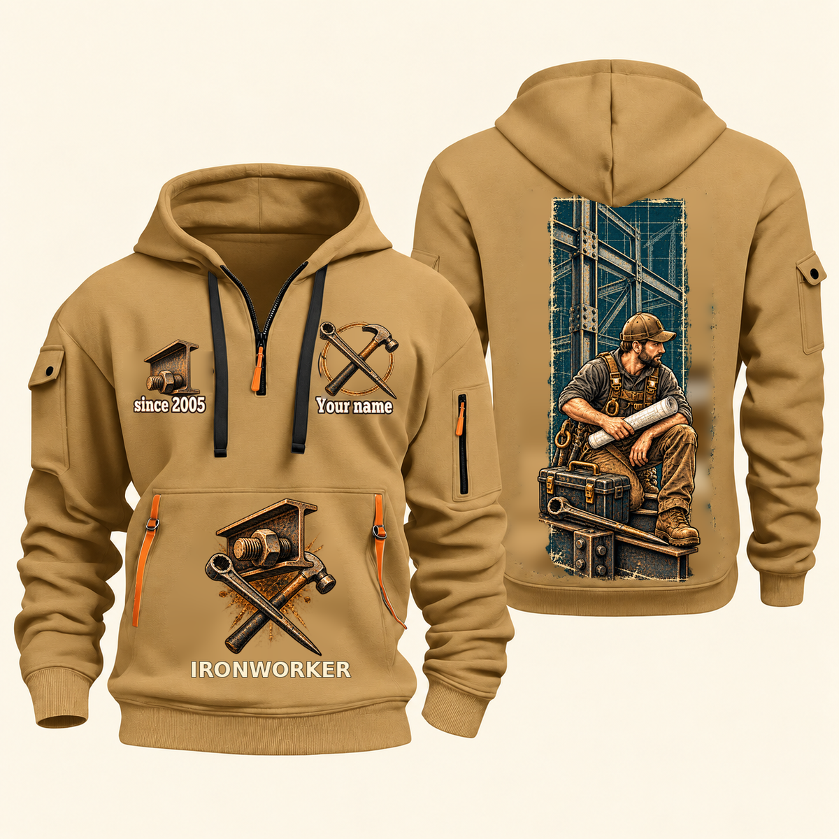 Ironworker Daily Groundwork Quarter-Zip Hoodie in Khaki, complete front and back views