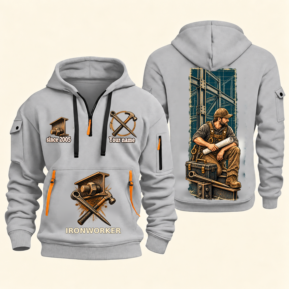 Ironworker Daily Groundwork Quarter-Zip Hoodie in Light Grey, complete front and back views