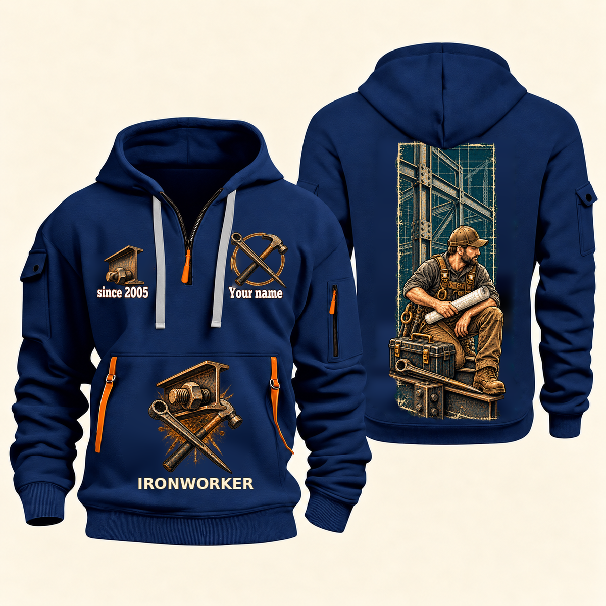 Ironworker Daily Groundwork Quarter-Zip Hoodie in Navy, complete front and back views