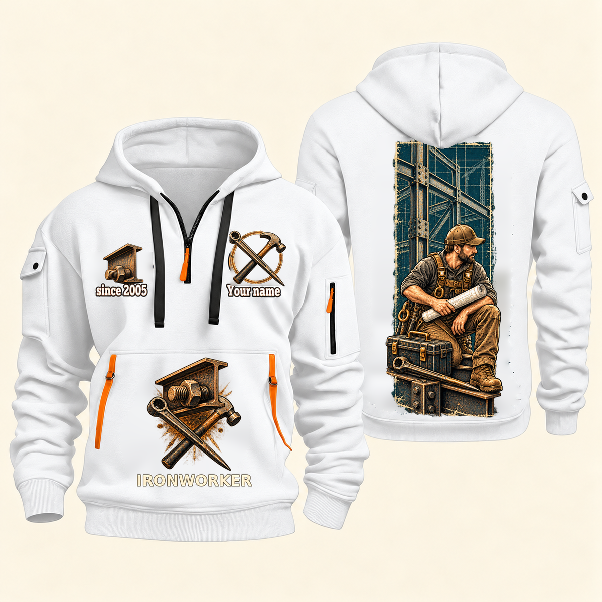 Ironworker Daily Groundwork Quarter-Zip Hoodie in White, complete front and back views