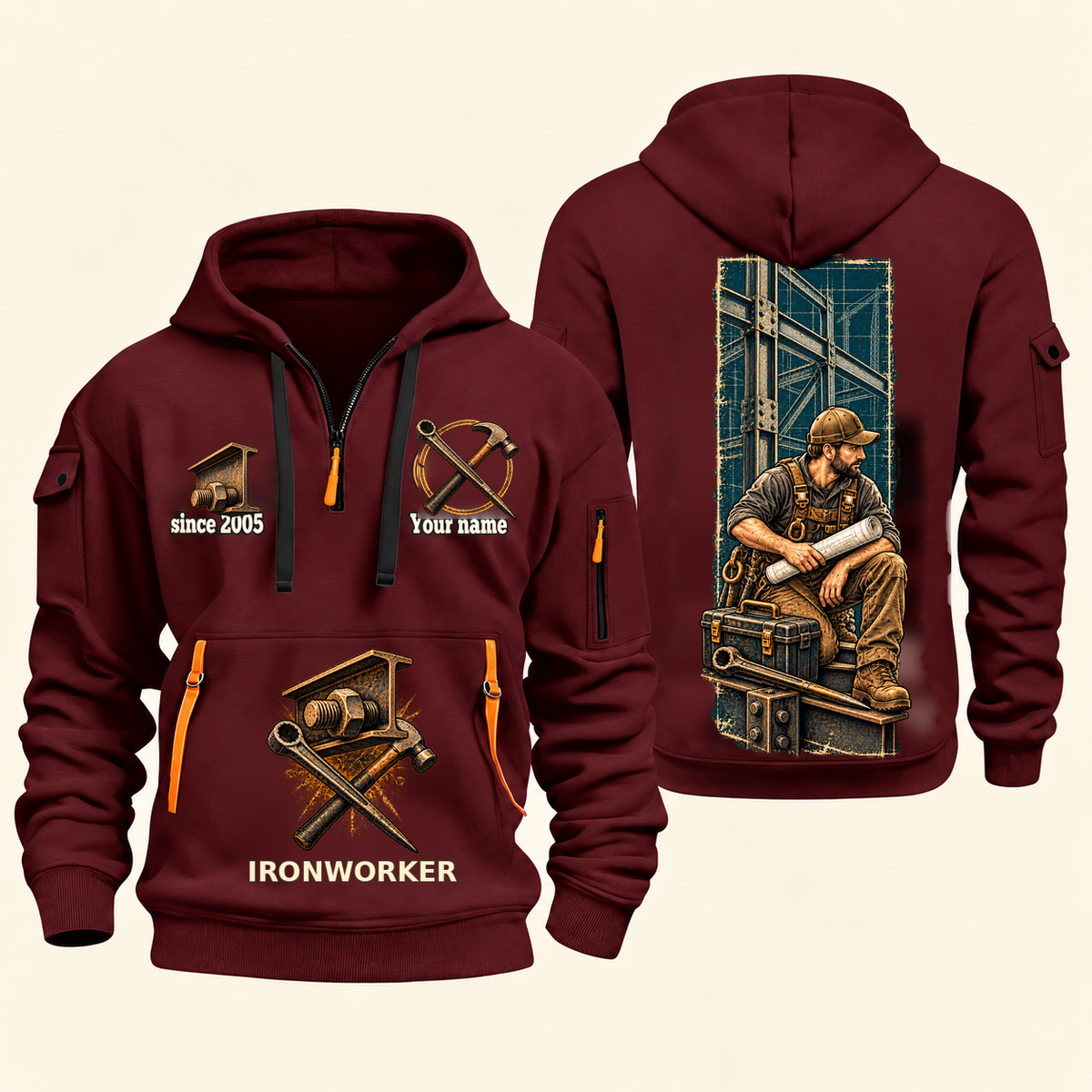 Ironworker Daily Groundwork Quarter-Zip Hoodie in Wine Red, complete front and back views