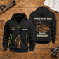 Ironworker Earned Every Beam Quarter-Zip Hoodie in Black, full authentic front and back views with matching ironworker tools and equipment artwork, original sample name/year and Earned Every slogan. On a ironworker workbench.