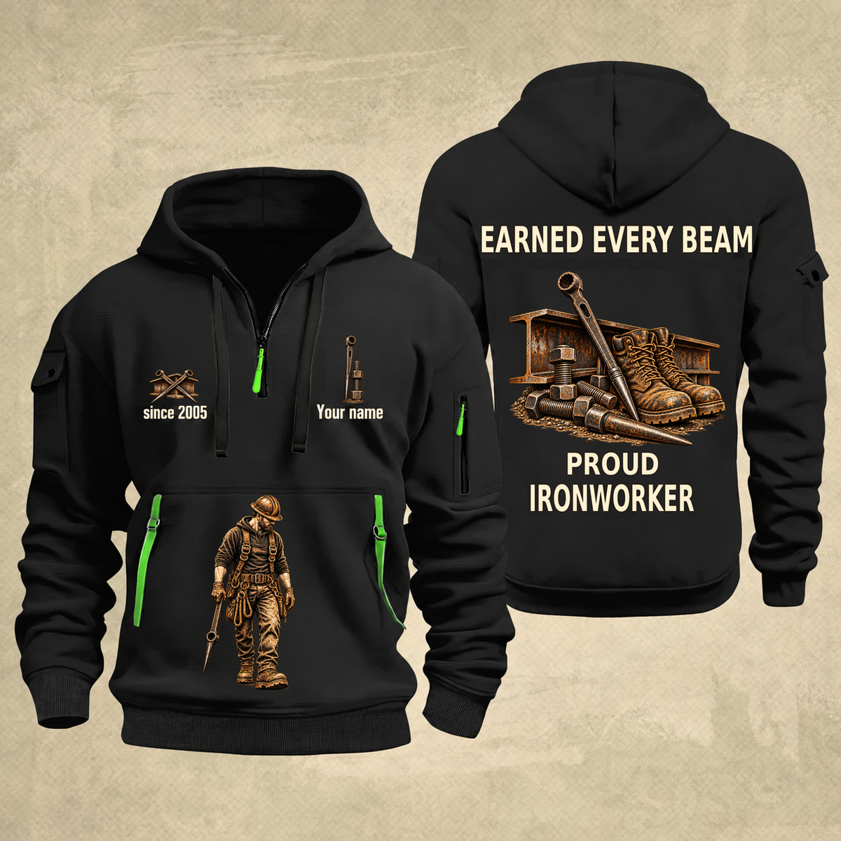 Ironworker Earned Every Beam Quarter-Zip Hoodie in Black, full authentic front and back views with matching ironworker tools and equipment artwork, original sample name/year and Earned Every slogan.