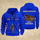 Ironworker Earned Every Beam Quarter-Zip Hoodie in Blue, full authentic front and back views with matching ironworker tools and equipment artwork, original sample name/year and Earned Every slogan.