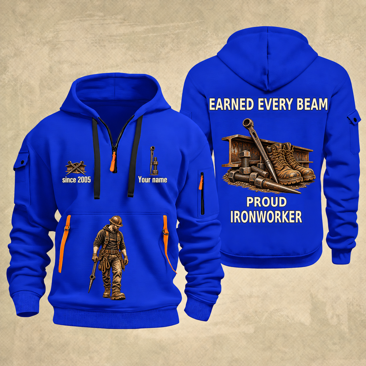 Ironworker Earned Every Beam Quarter-Zip Hoodie in Blue, full authentic front and back views with matching ironworker tools and equipment artwork, original sample name/year and Earned Every slogan.