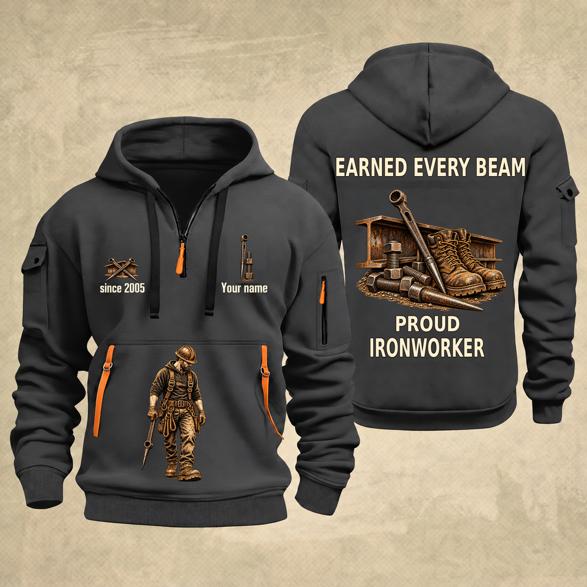 Ironworker Earned Every Beam Quarter-Zip Hoodie in Gray, full authentic front and back views with matching ironworker tools and equipment artwork, original sample name/year and Earned Every slogan.