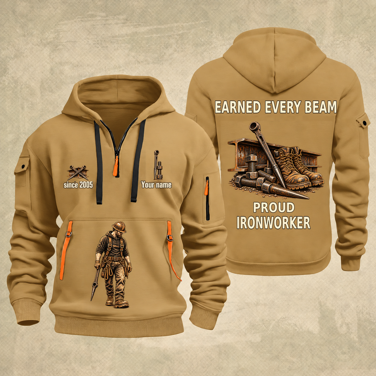 Ironworker Earned Every Beam Quarter-Zip Hoodie in Khaki, full authentic front and back views with matching ironworker tools and equipment artwork, original sample name/year and Earned Every slogan.