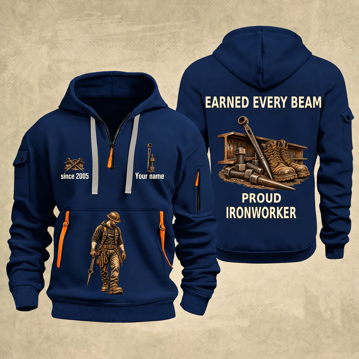 Ironworker Earned Every Beam Quarter-Zip Hoodie in Navy, full authentic front and back views with matching ironworker tools and equipment artwork, original sample name/year and Earned Every slogan.