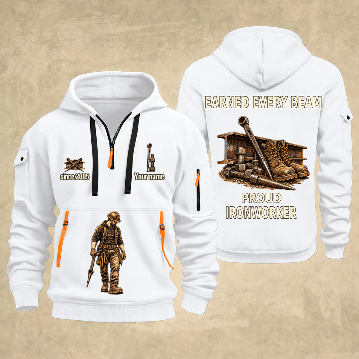 Ironworker Earned Every Beam Quarter-Zip Hoodie in White, full authentic front and back views with matching ironworker tools and equipment artwork, original sample name/year and Earned Every slogan.
