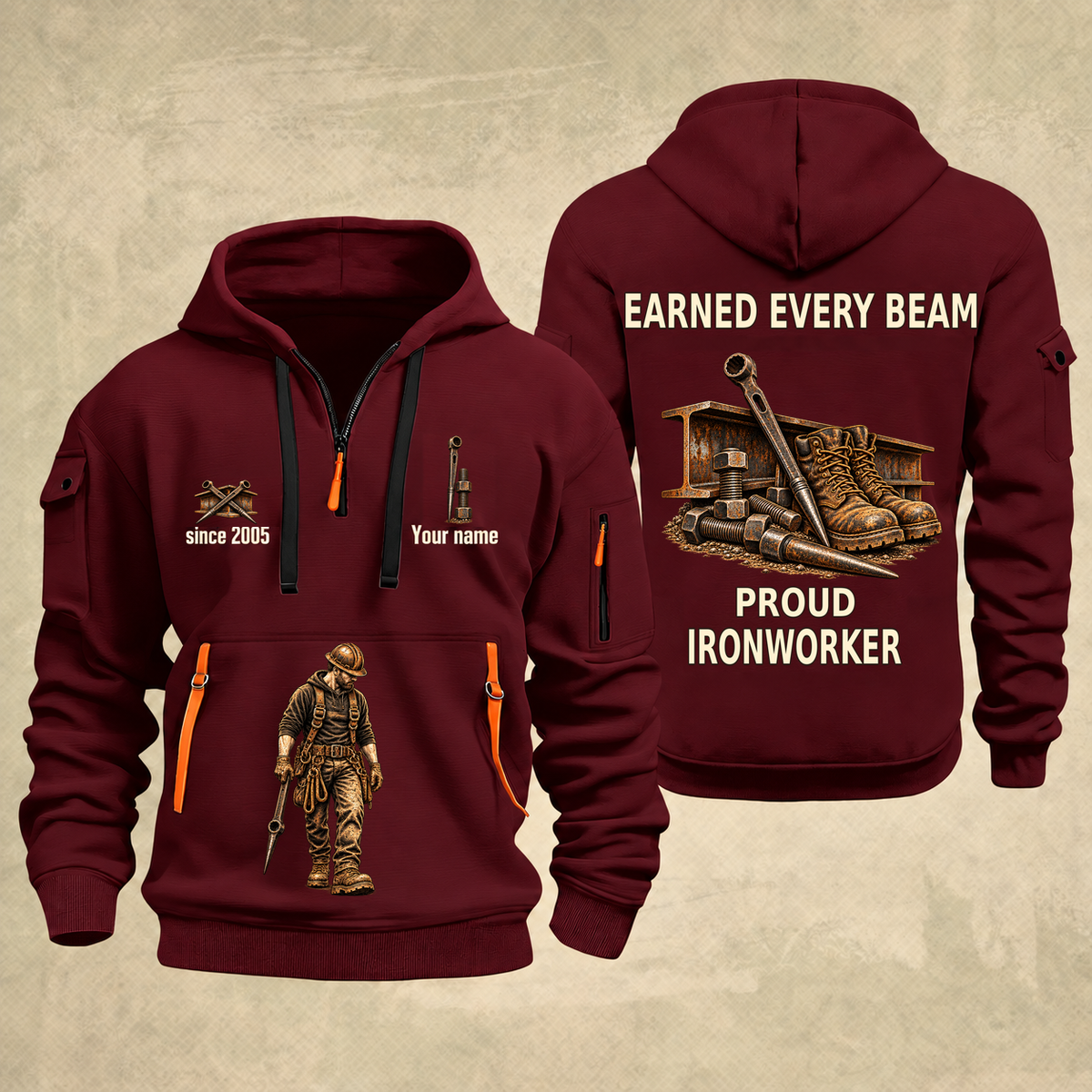 Ironworker Earned Every Beam Quarter-Zip Hoodie in Wine Red, full authentic front and back views with matching ironworker tools and equipment artwork, original sample name/year and Earned Every slogan.