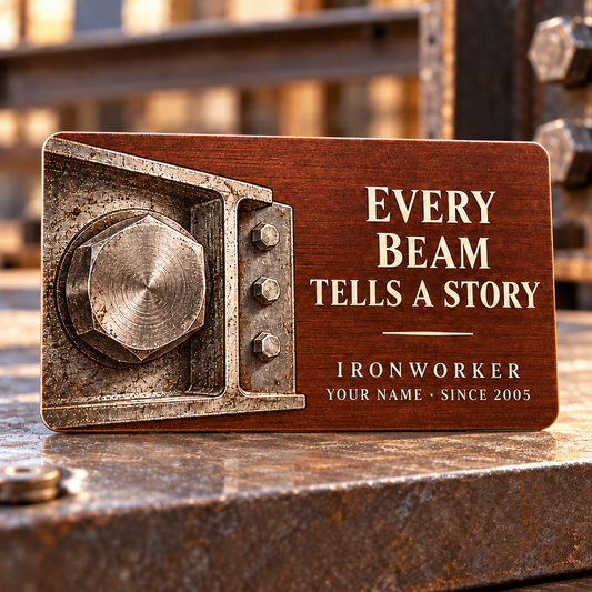 Ironworker Every Beam aluminum wallet card front with a machined steel bolt and beam illustration, cream serif lettering and chestnut background.