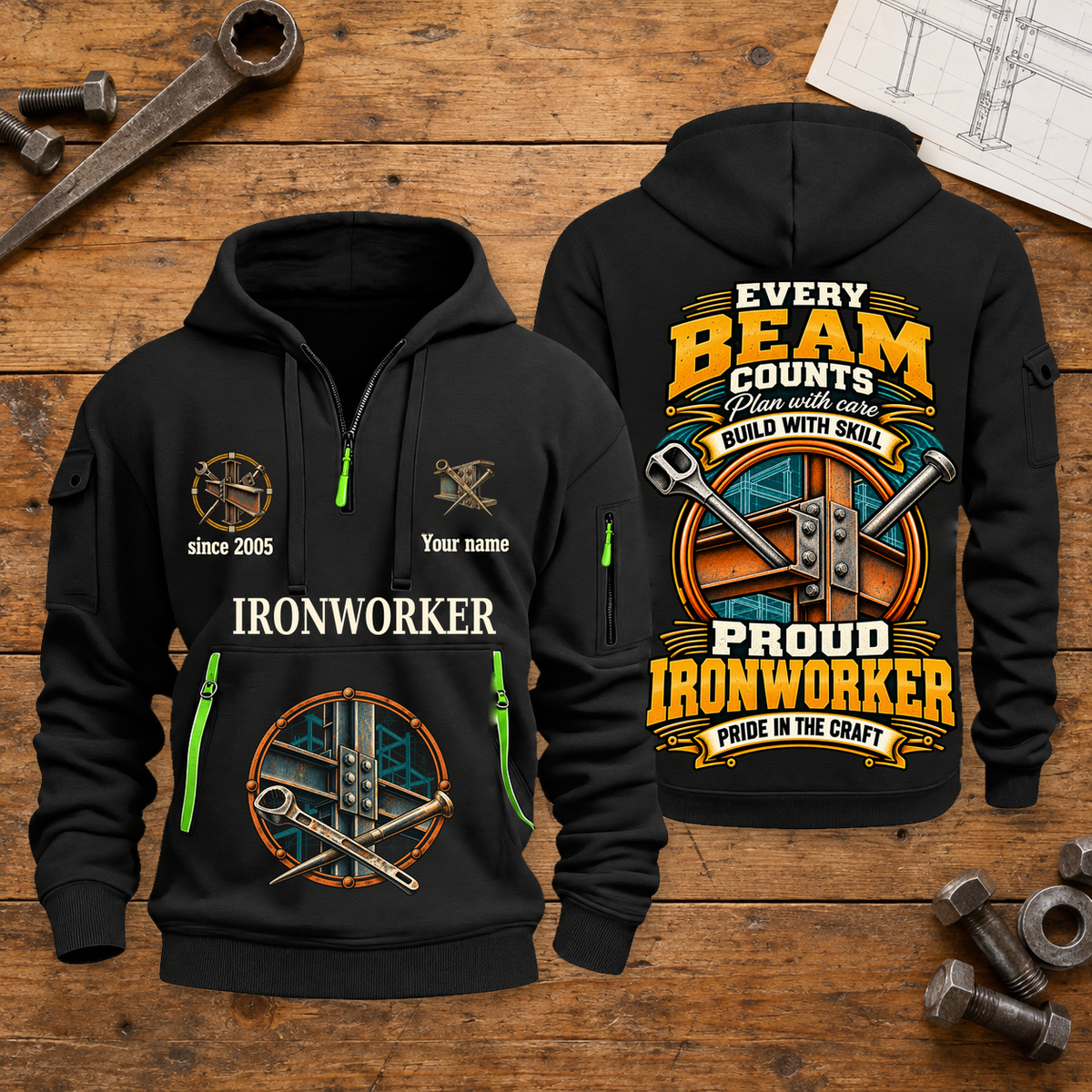 Ironworker Every Beam Counts Quarter-Zip Hoodie in Black, full front and back views on a ironworker workbench.