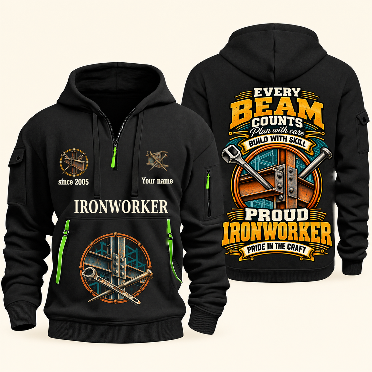 Ironworker Every Beam Counts Quarter-Zip Hoodie in Black, authentic overlapping front and back views with ironworker artwork and source sample name/year lettering.
