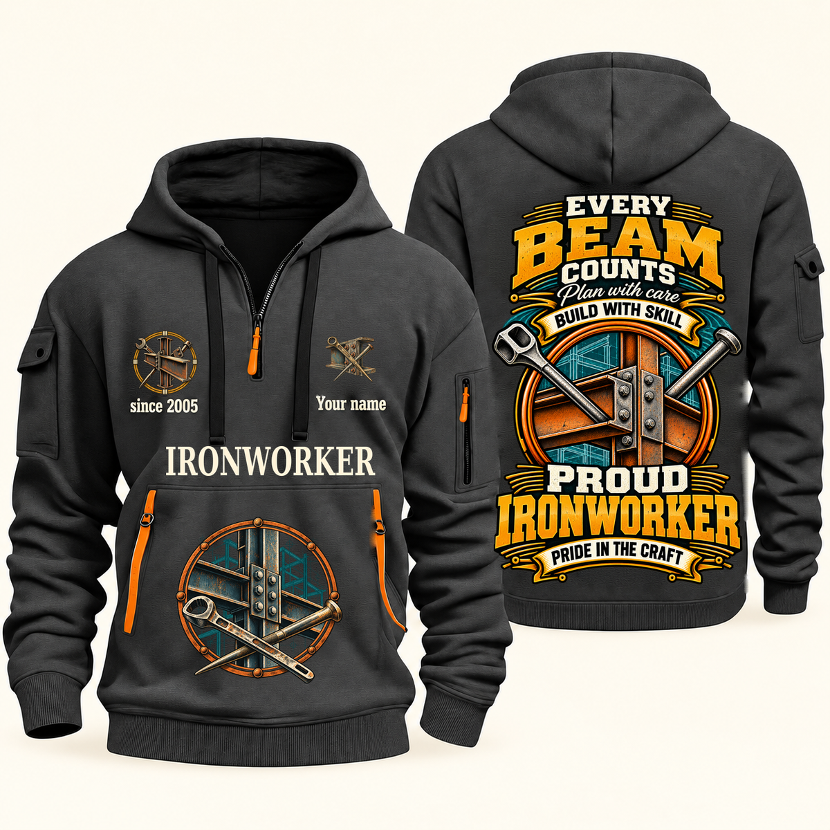 Ironworker Every Beam Counts Quarter-Zip Hoodie in Gray, authentic overlapping front and back views with ironworker artwork and source sample name/year lettering.