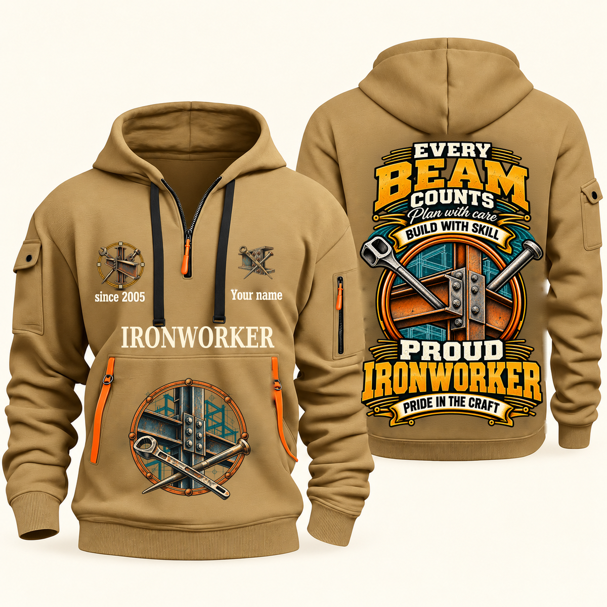 Ironworker Every Beam Counts Quarter-Zip Hoodie in Khaki, authentic overlapping front and back views with ironworker artwork and source sample name/year lettering.