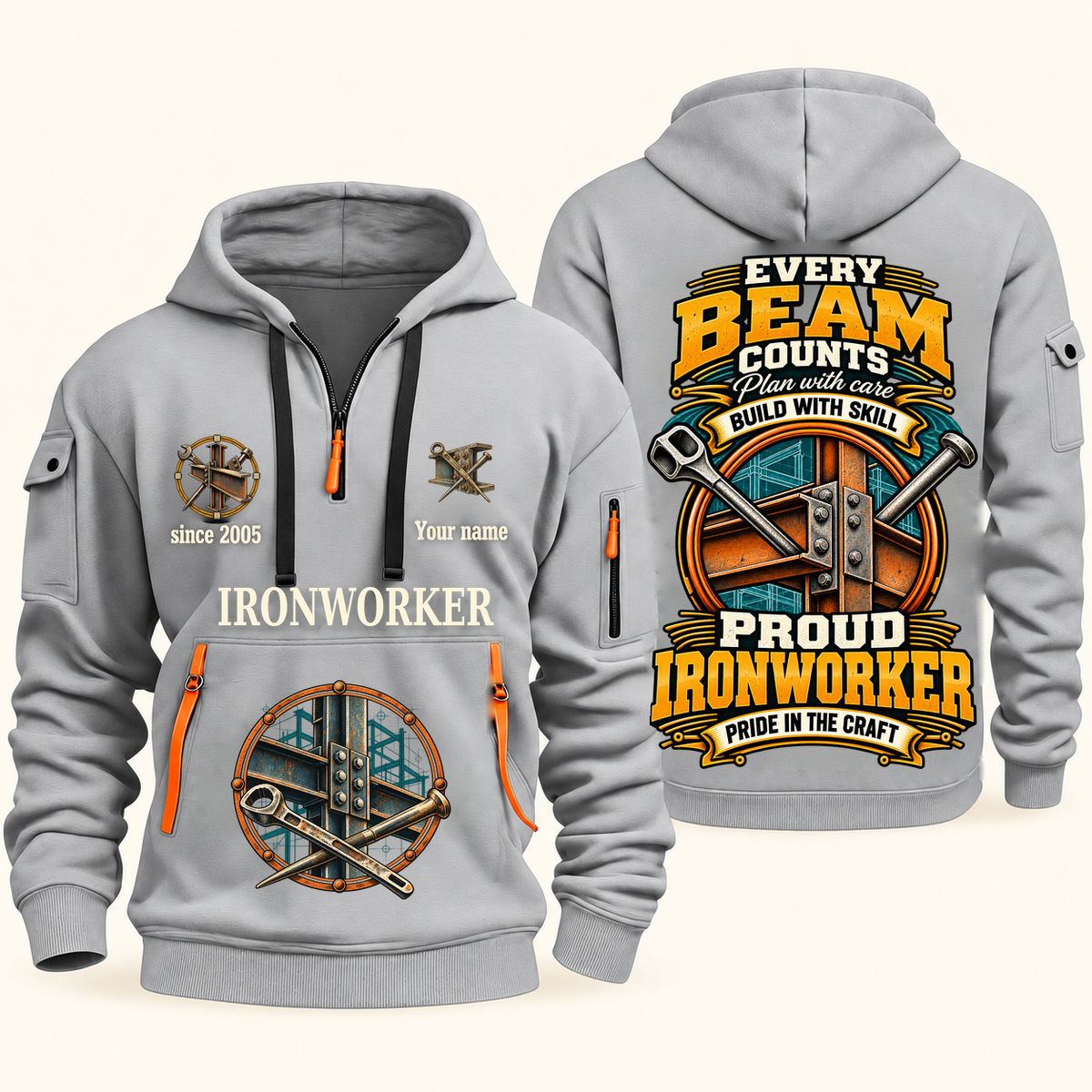 Ironworker Every Beam Counts Quarter-Zip Hoodie in Light Grey, authentic overlapping front and back views with ironworker artwork and source sample name/year lettering.