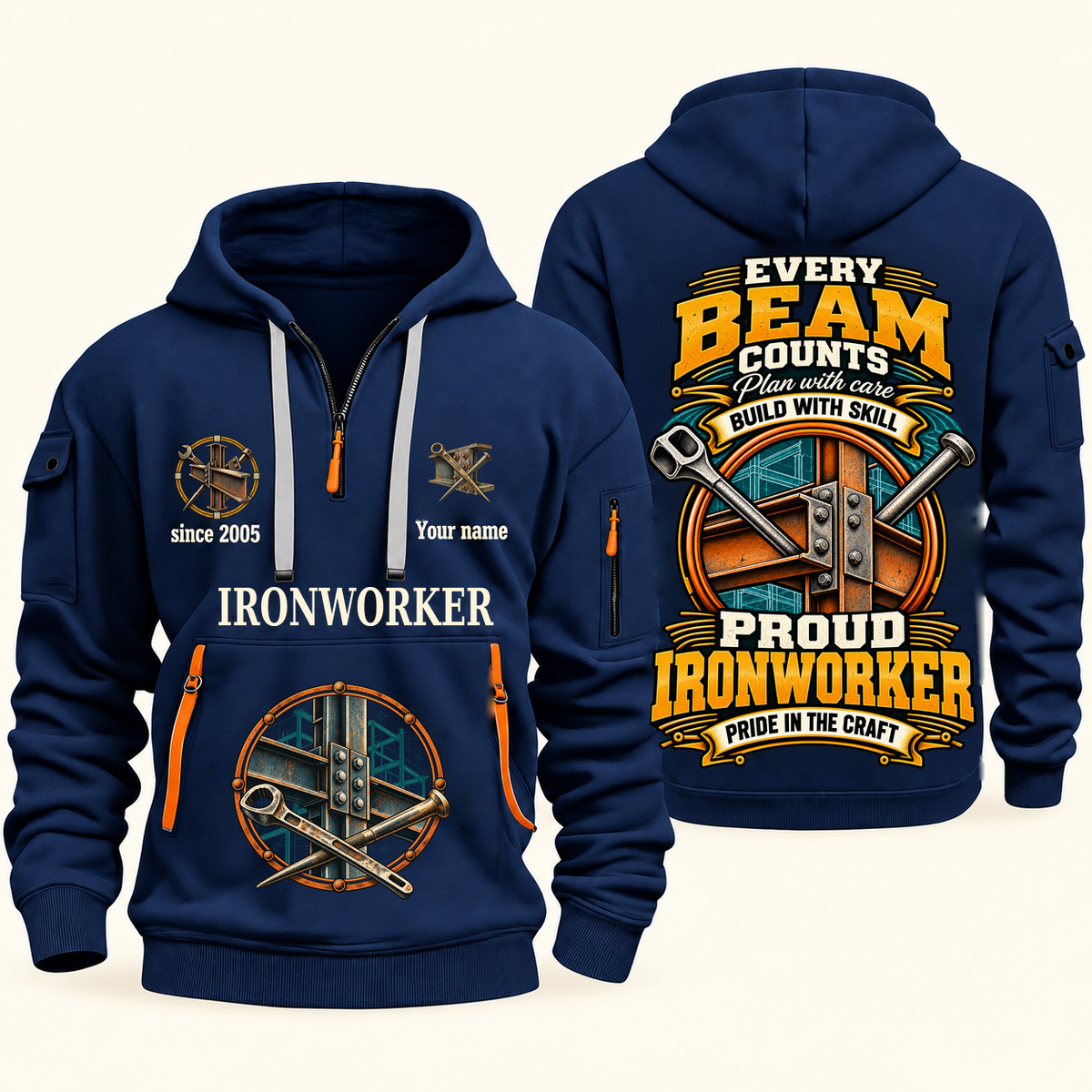 Ironworker Every Beam Counts Quarter-Zip Hoodie in Navy, authentic overlapping front and back views with ironworker artwork and source sample name/year lettering.