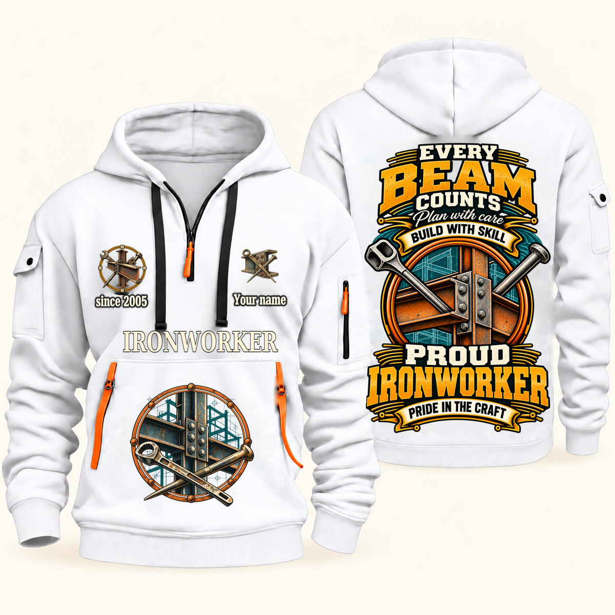Ironworker Every Beam Counts Quarter-Zip Hoodie in White, authentic overlapping front and back views with ironworker artwork and source sample name/year lettering.