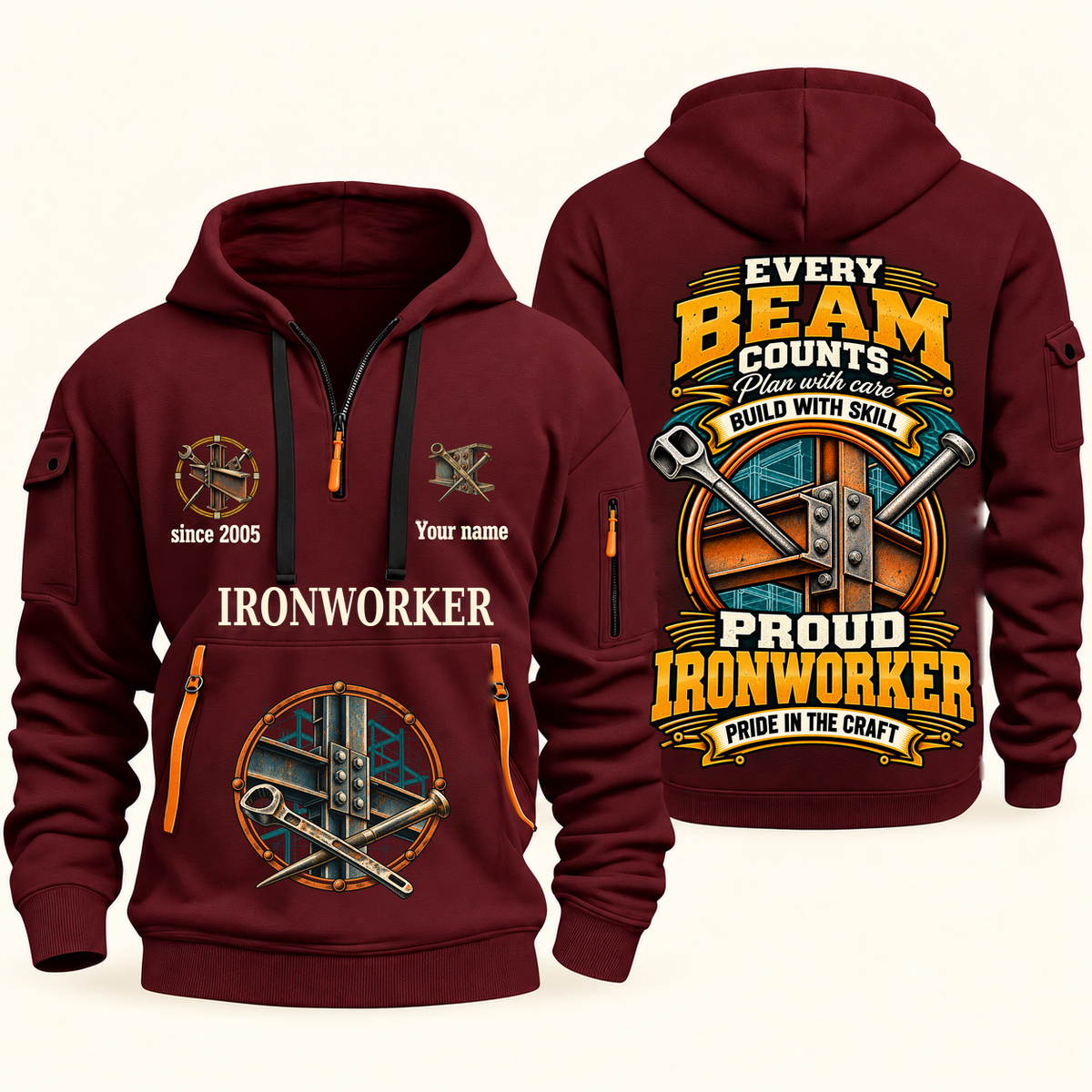 Ironworker Every Beam Counts Quarter-Zip Hoodie in Wine Red, authentic overlapping front and back views with ironworker artwork and source sample name/year lettering.