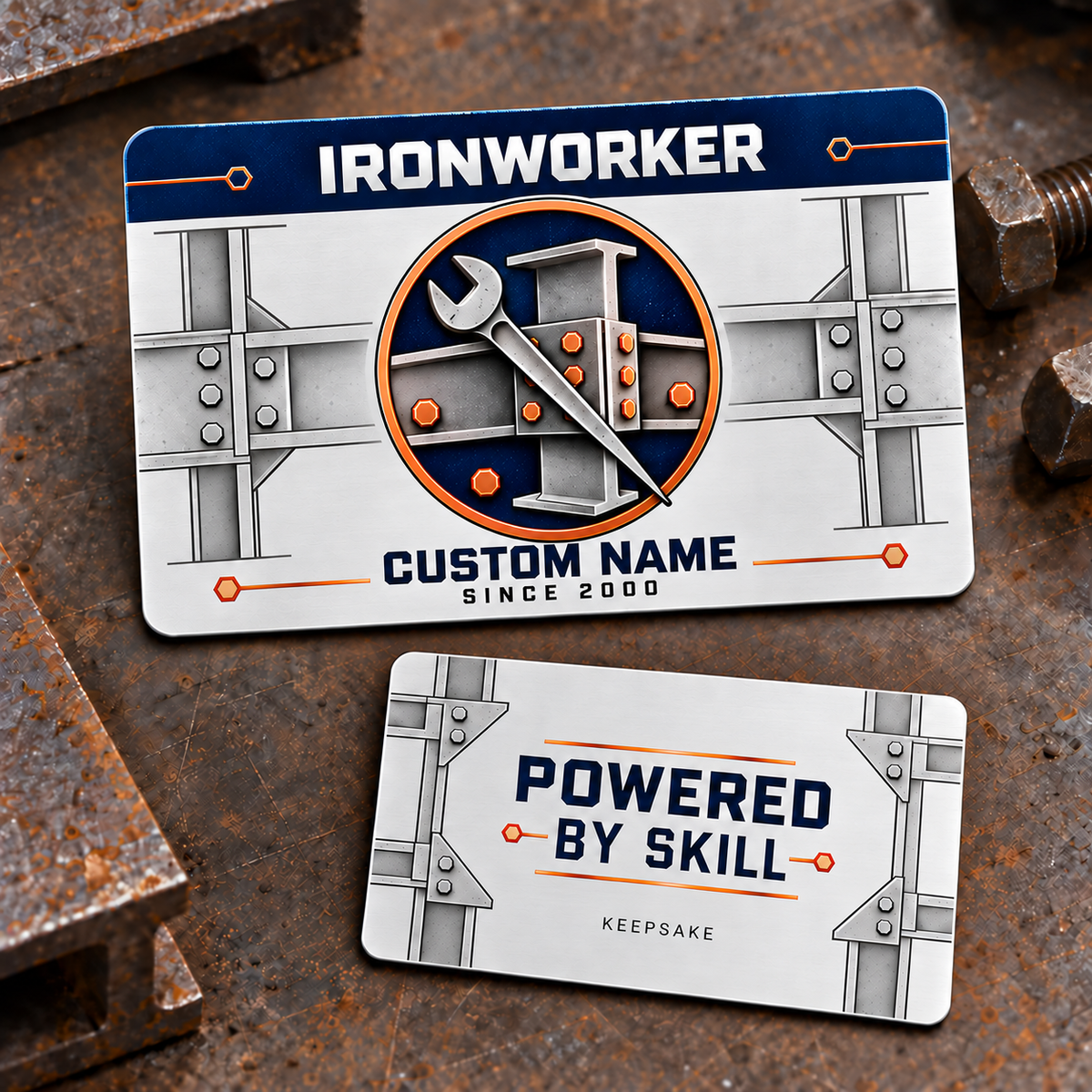 Ironworker Aluminum Wallet Card - Everyday Dedication – product view with CUSTOM NAME and SINCE 2000