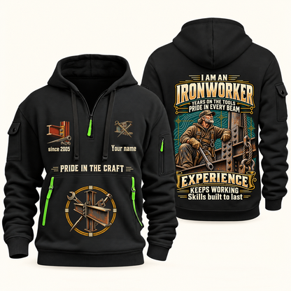 Ironworker Experience Keeps Working Quarter-Zip Hoodie in Black, authentic overlapping front and back views with ironworker artwork and source sample name/year lettering.