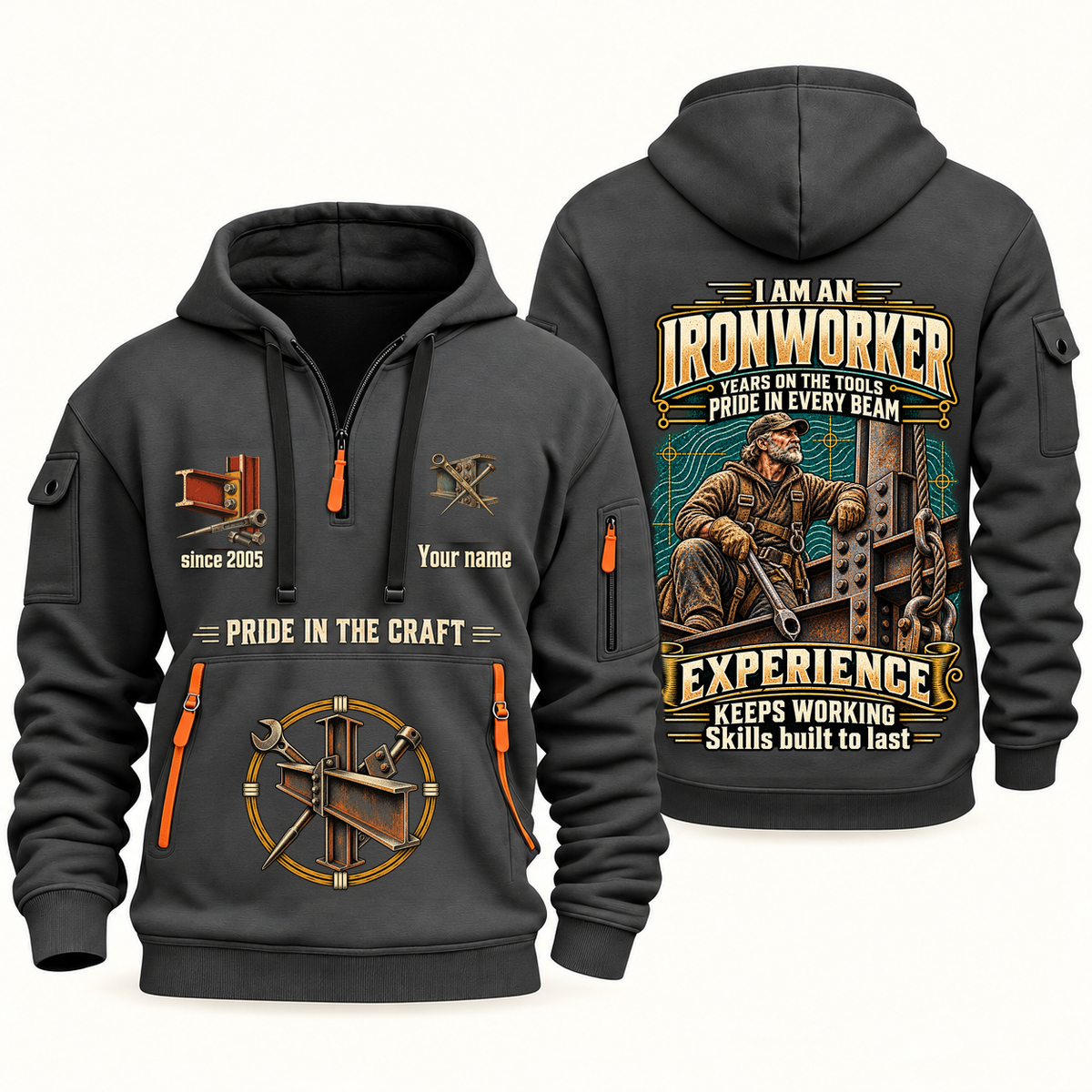 Ironworker Experience Keeps Working Quarter-Zip Hoodie in Gray, authentic overlapping front and back views with ironworker artwork and source sample name/year lettering.