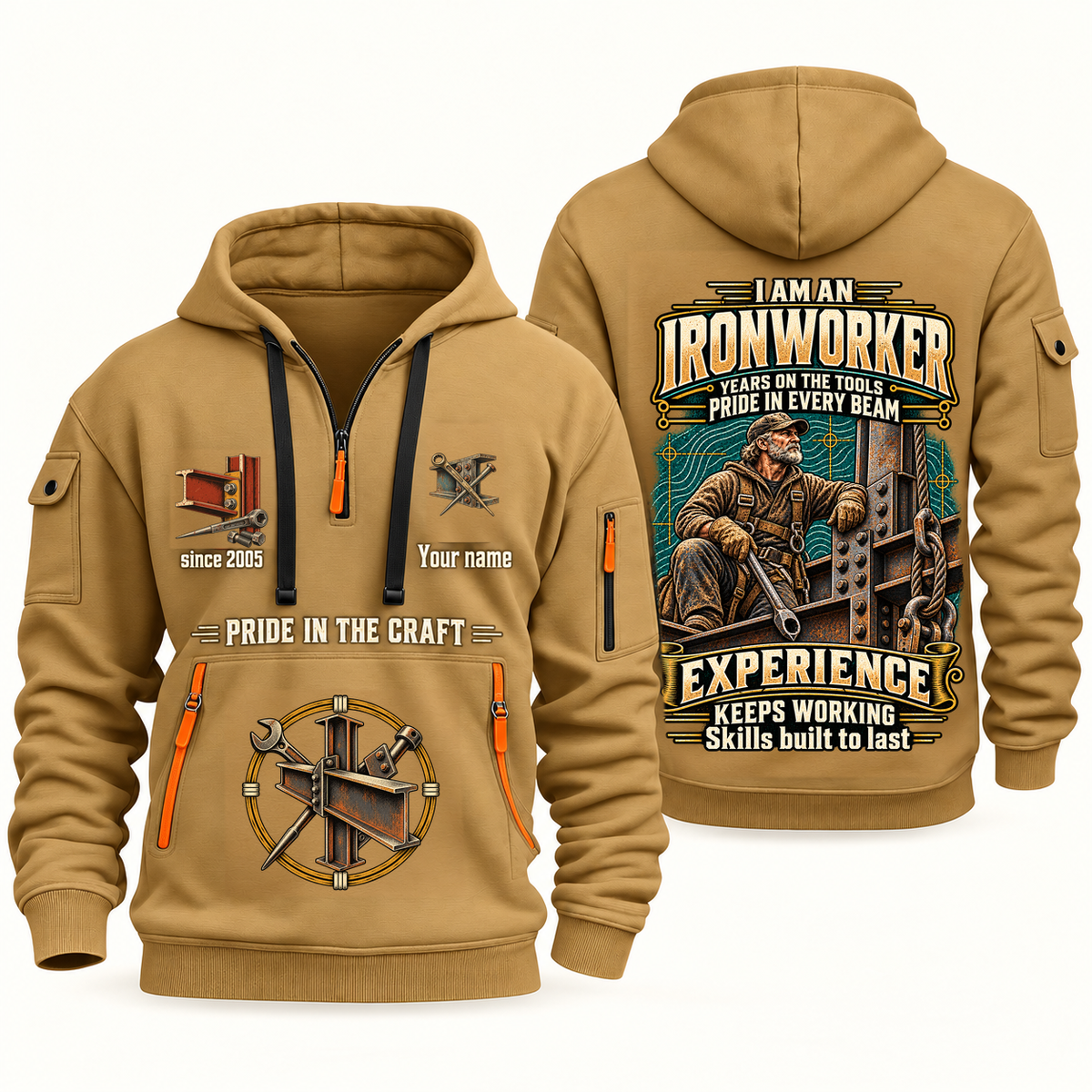 Ironworker Experience Keeps Working Quarter-Zip Hoodie in Khaki, authentic overlapping front and back views with ironworker artwork and source sample name/year lettering.