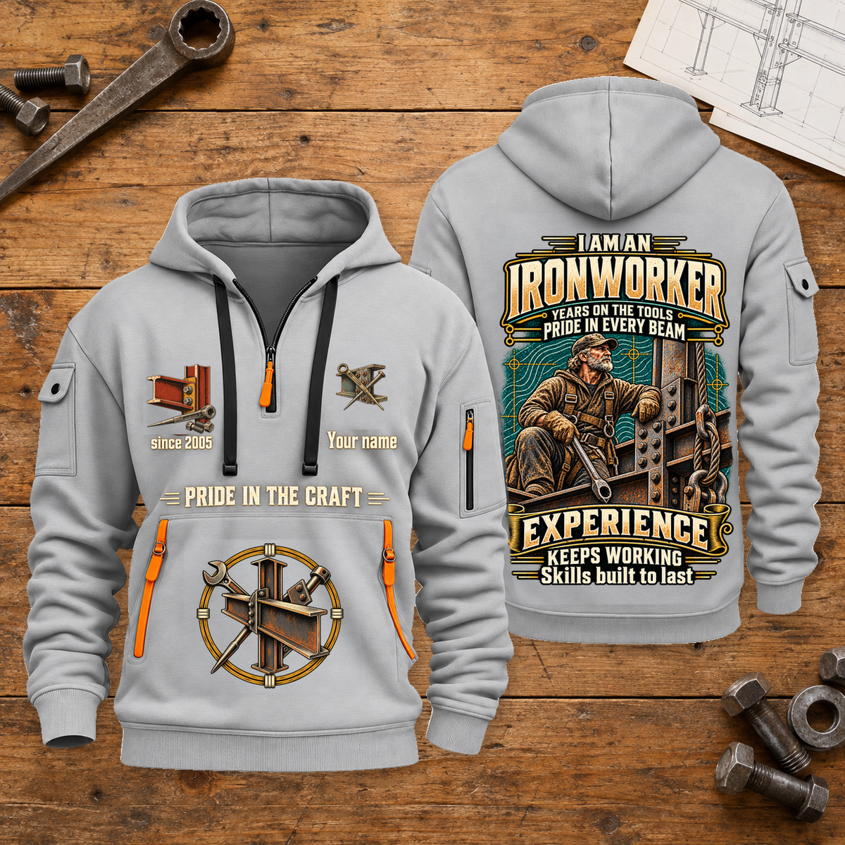 Ironworker Experience Keeps Working Quarter-Zip Hoodie in Light Grey, full front and back views on a ironworker workbench.