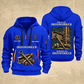 Ironworker Proud of the Trade Quarter-Zip Hoodie in Blue, full authentic front and back views with matching ironworker tools and equipment artwork, original sample name/year and once-and-always trade motto.