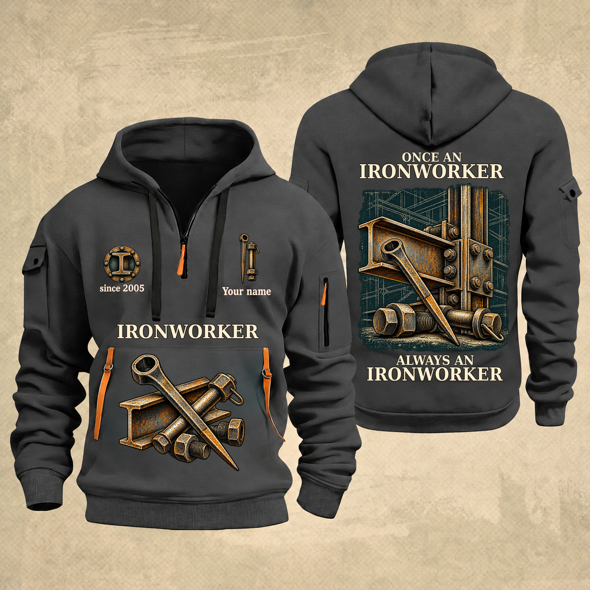 Ironworker Proud of the Trade Quarter-Zip Hoodie in Gray, full authentic front and back views with matching ironworker tools and equipment artwork, original sample name/year and once-and-always trade motto.
