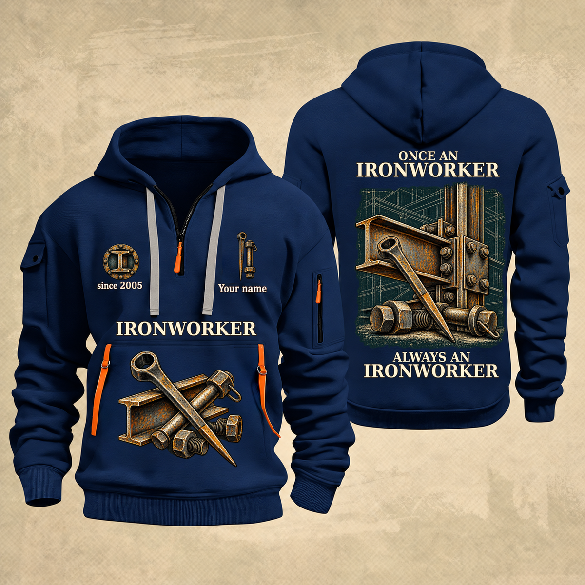 Ironworker Proud of the Trade Quarter-Zip Hoodie in Navy, full authentic front and back views with matching ironworker tools and equipment artwork, original sample name/year and once-and-always trade motto.