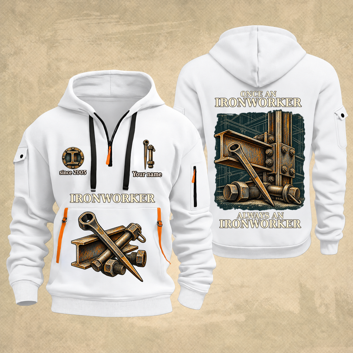 Ironworker Proud of the Trade Quarter-Zip Hoodie in White, full authentic front and back views with matching ironworker tools and equipment artwork, original sample name/year and once-and-always trade motto.