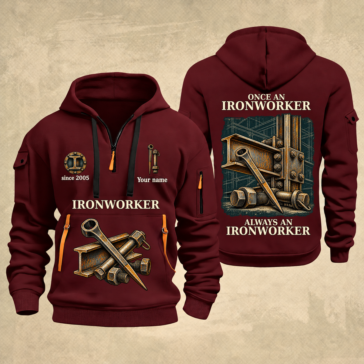 Ironworker Proud of the Trade Quarter-Zip Hoodie in Wine Red, full authentic front and back views with matching ironworker tools and equipment artwork, original sample name/year and once-and-always trade motto.