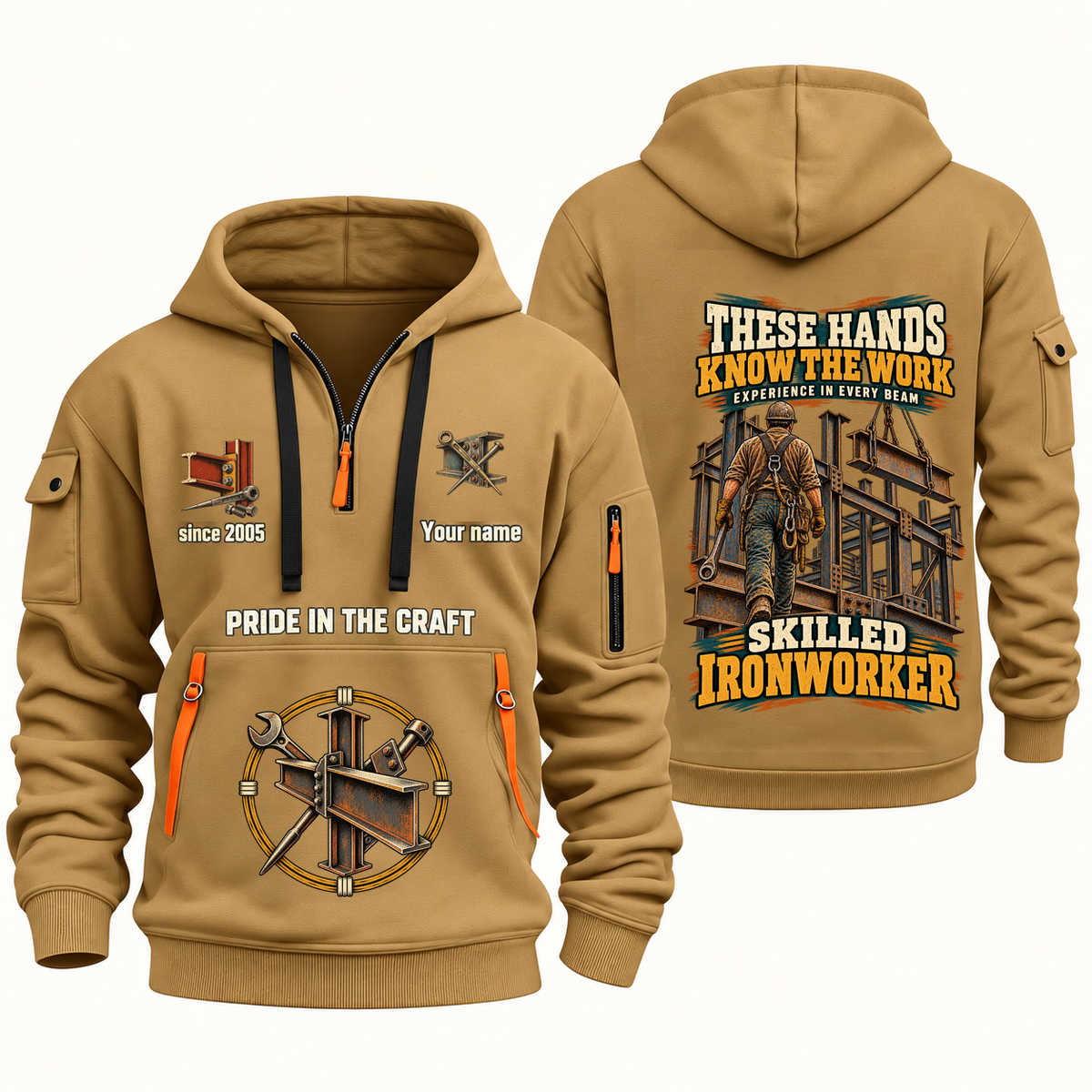 Ironworker Hands That Power Quarter-Zip Hoodie in Khaki, authentic overlapping front and back views with ironworker artwork and source sample name/year lettering.