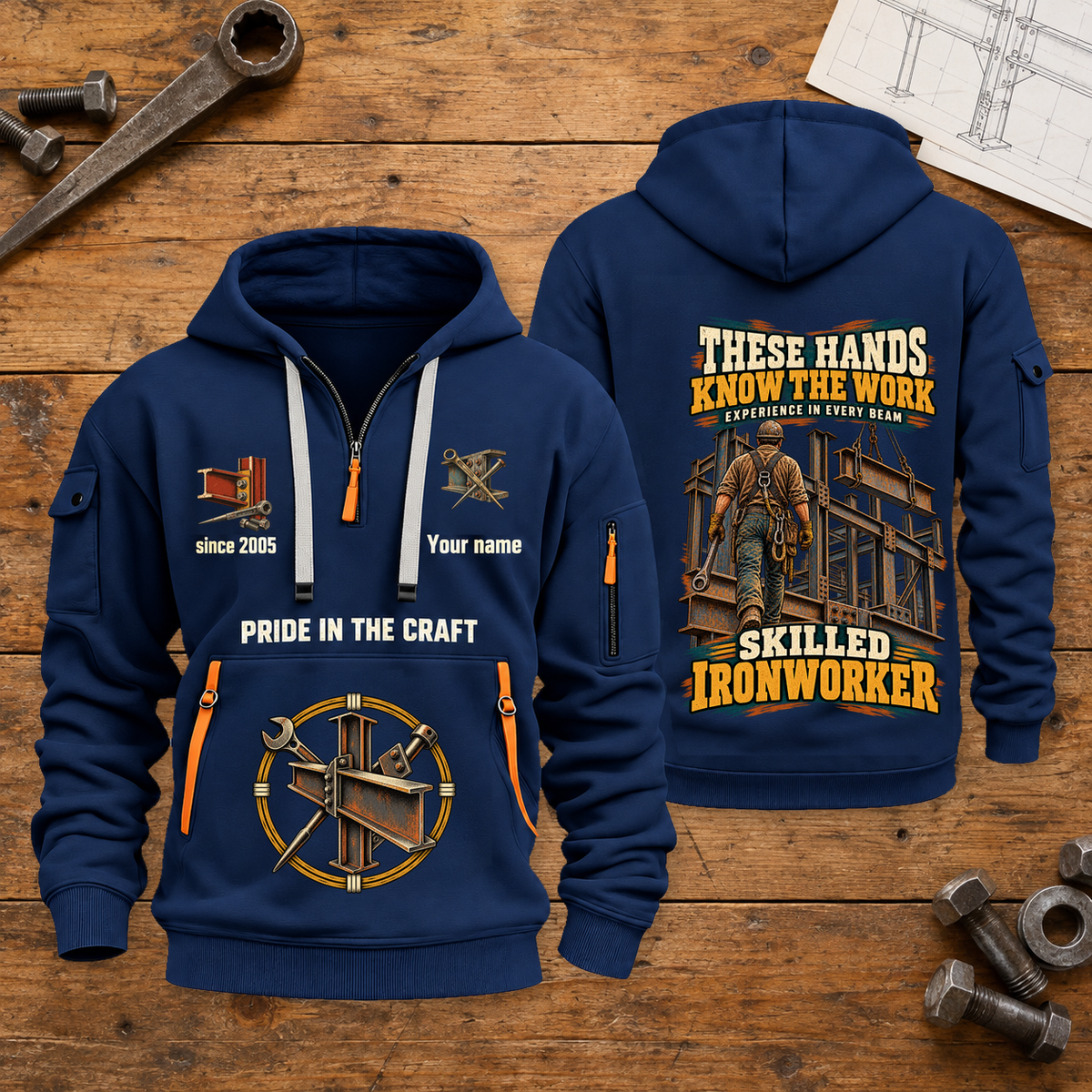 Ironworker Hands That Power Quarter-Zip Hoodie in Navy, full front and back views on a ironworker workbench.