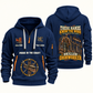 Ironworker Hands That Power Quarter-Zip Hoodie in Navy, authentic overlapping front and back views with ironworker artwork and source sample name/year lettering.