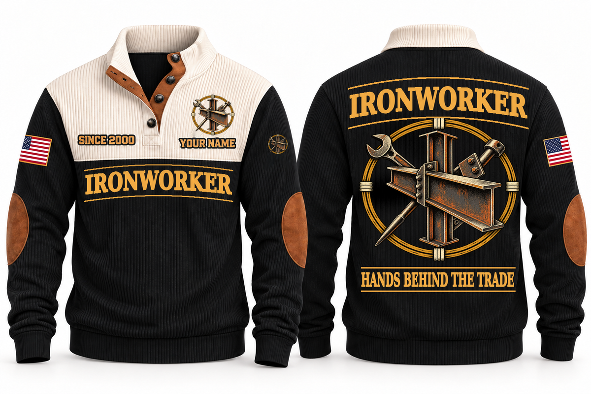 Ironworker Hands Behind the Trade Sports Sweatshirt in Black, front and back with structural steel beams, bolted connections and spud wrench, plus illustrative sample name and year.